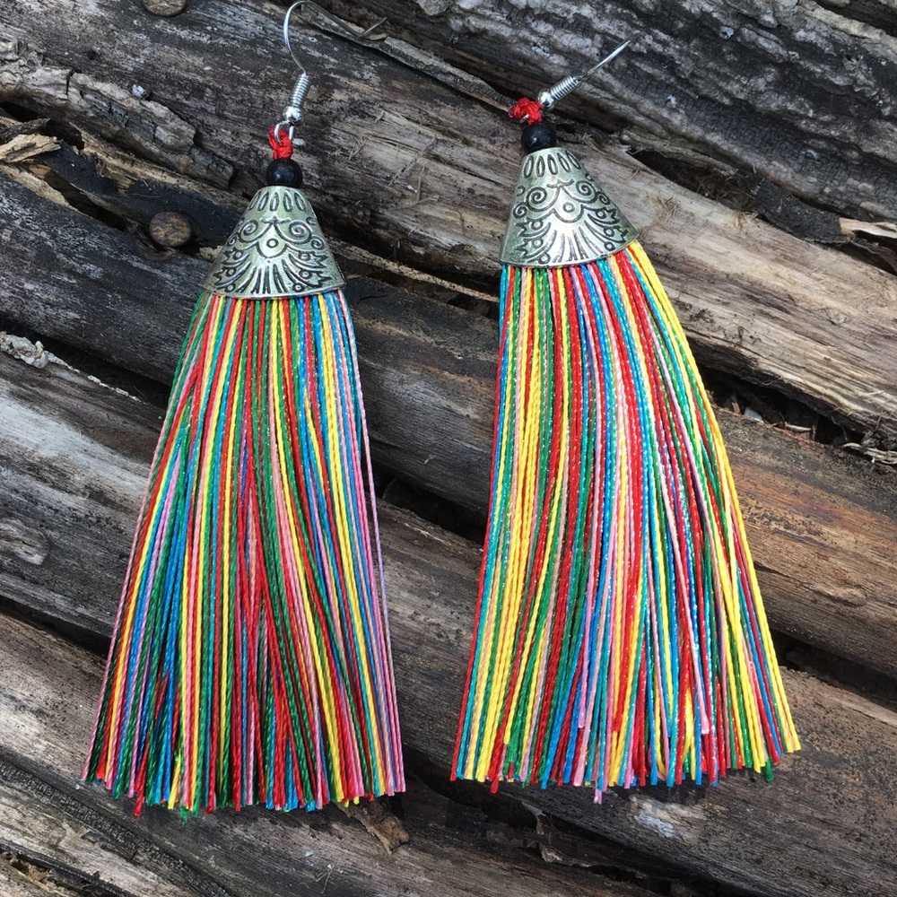 Gorgeous Tassel Earrings Antique Silver Multicolor